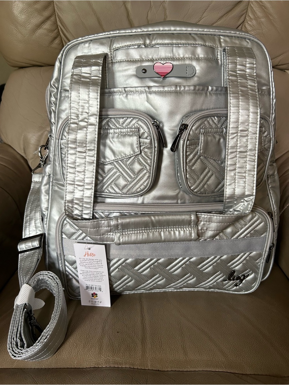 Lug Puddle Jumper LE Convertible Tote Bag Metallic Silver With Charm NEW